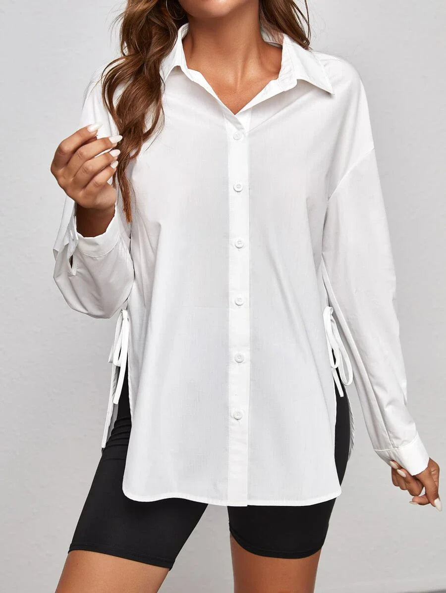 Maternity Drop Shoulder Shirt - Long Sleeve, Single Breasted, Side Tie, White