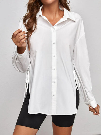 Maternity Drop Shoulder Shirt - Long Sleeve, Single Breasted, Side Tie, White