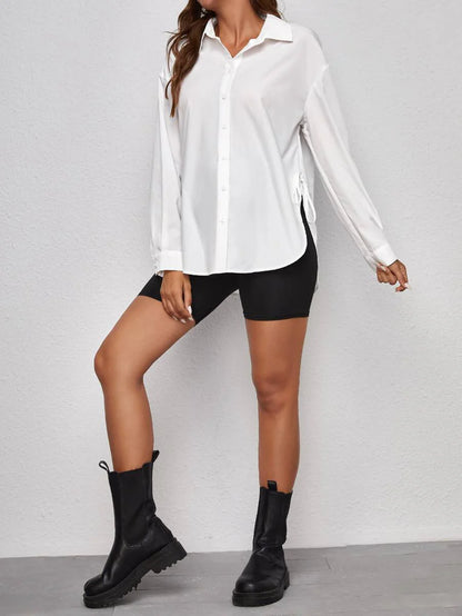Maternity Drop Shoulder Shirt - Long Sleeve, Single Breasted, Side Tie, White