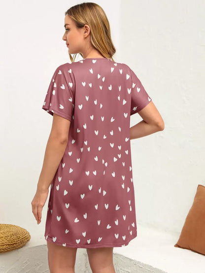 Maternity Heart Print Nursing Nightdress - Batwing Sleeve Soft Stretch Breastfeeding, Lounge Dress