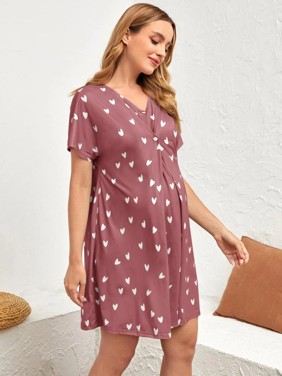 Maternity Heart Print Nursing Nightdress - Batwing Sleeve Soft Stretch Breastfeeding, Lounge Dress