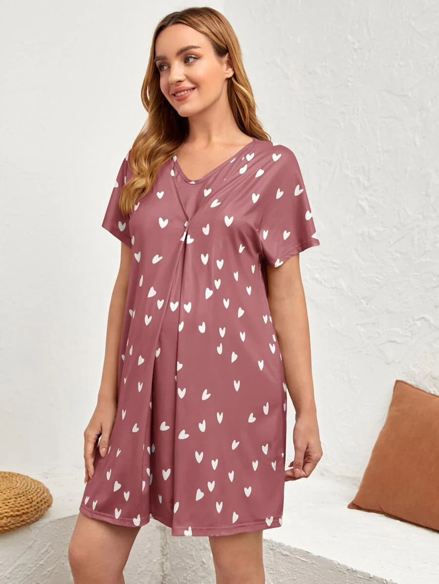 Maternity Heart Print Nursing Nightdress - Batwing Sleeve Soft Stretch Breastfeeding, Lounge Dress