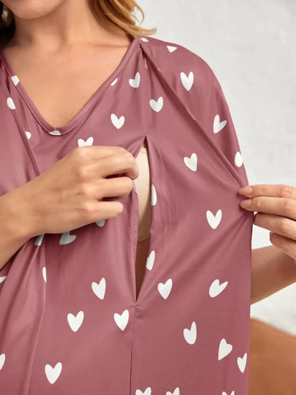 Maternity Heart Print Batwing Sleeve Nursing Nightdress Women Breastfeeding Sleepwear Nightgown