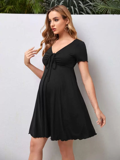 Maternity Drawstring Front Lettuce Trim Dress V-Neck Short Sleeve High Waist A-Line Flared Black Beach Sun Dress