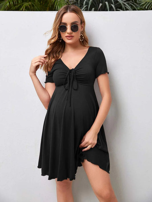 Maternity Drawstring Front Lettuce Trim Dress V-Neck Short Sleeve High Waist A-Line Flared Black Beach Sun Dress