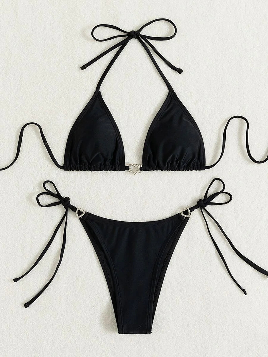 Swim Vcay Summer Beach Women's Solid Color Halter Neck Tie Two Pieces Bikini Set, Perfect For Vacation Swimwear