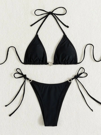 Swim Vcay Summer Beach Women's Solid Color Halter Neck Tie Two Pieces Bikini Set, Perfect For Vacation Swimwear