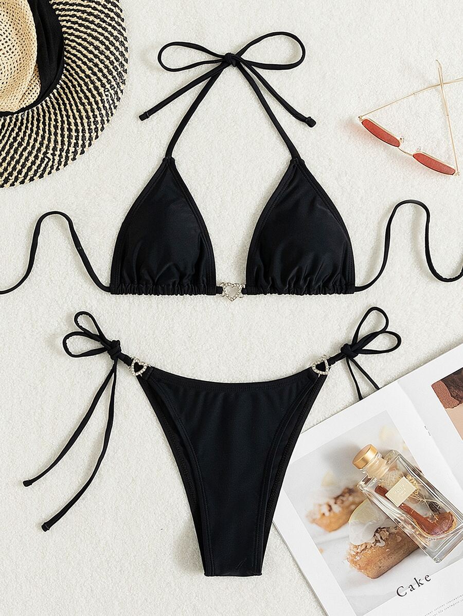Swim Vcay Summer Beach Women's Solid Color Halter Neck Tie Two Pieces Bikini Set, Perfect For Vacation Swimwear