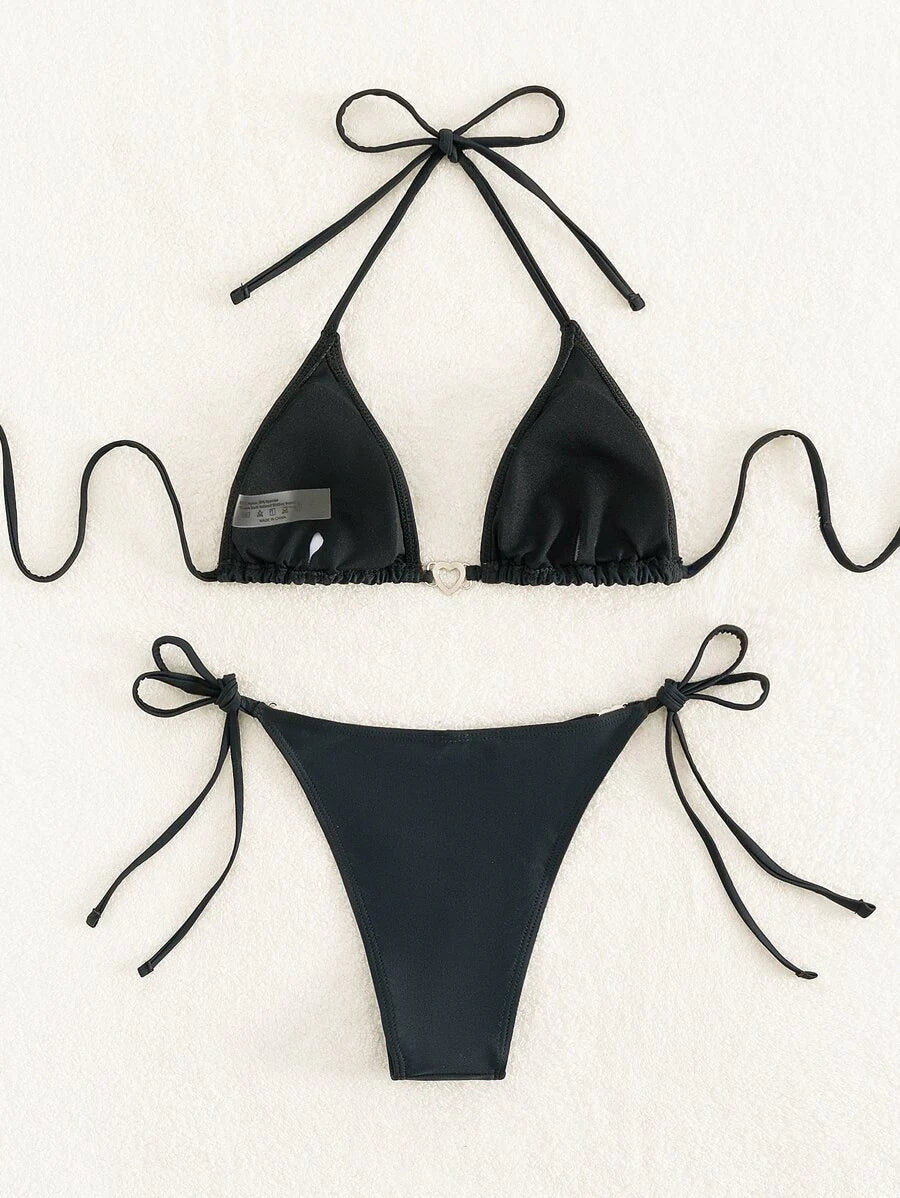 Swim Vcay Summer Beach Women's Solid Color Halter Neck Tie Two Pieces Bikini Set, Perfect For Vacation Swimwear
