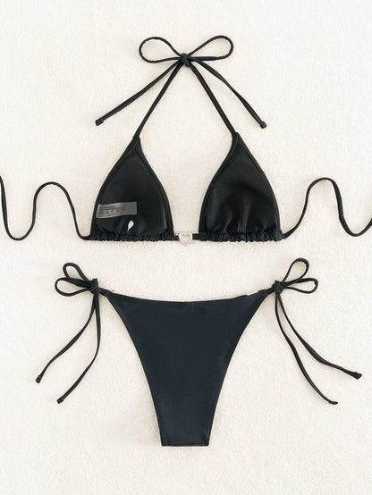 Swim Vcay Summer Beach Women's Solid Color Halter Neck Tie Two Pieces Bikini Set, Perfect For Vacation Swimwear
