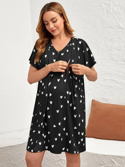 Maternity Heart Print Nursing Nightdress - Black V-Neck Short Sleeve Maternity Sleepwear - Wrap Front Breastfeeding Friendly Long Nightgown