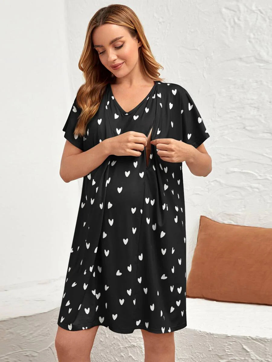 Maternity Heart Print Batwing Sleeve Nursing Nightdress Women Breastfeeding Sleepwear Nightgown