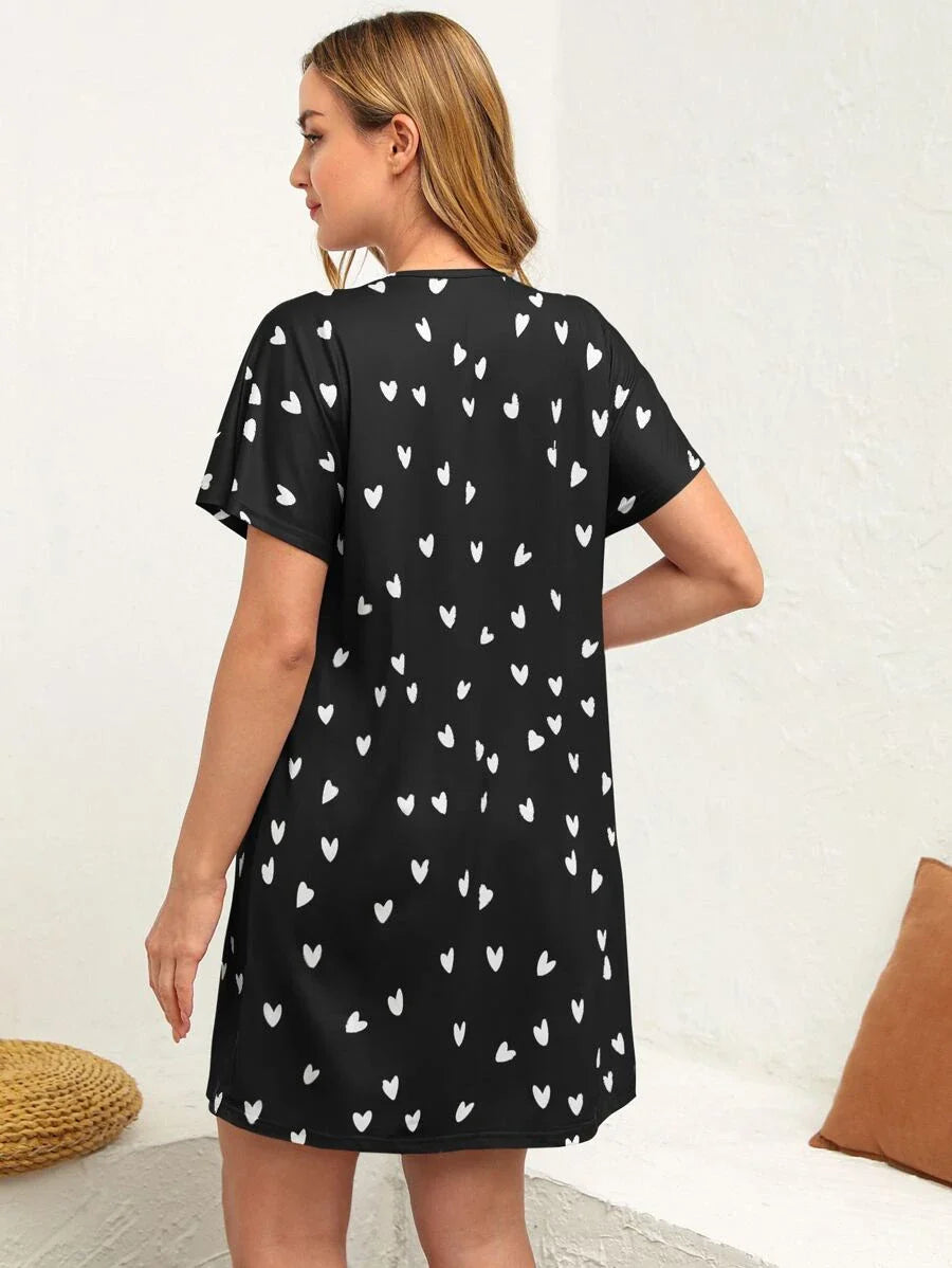 Maternity Heart Print Nursing Nightdress - Black V-Neck Short Sleeve Maternity Sleepwear - Wrap Front Breastfeeding Friendly Long Nightgown