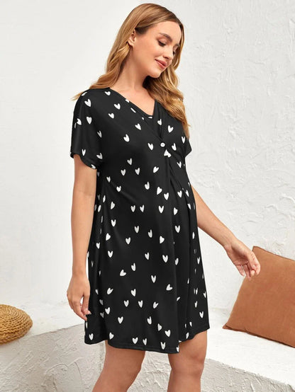 Maternity Heart Print Nursing Nightdress - Black V-Neck Short Sleeve Maternity Sleepwear - Wrap Front Breastfeeding Friendly Long Nightgown