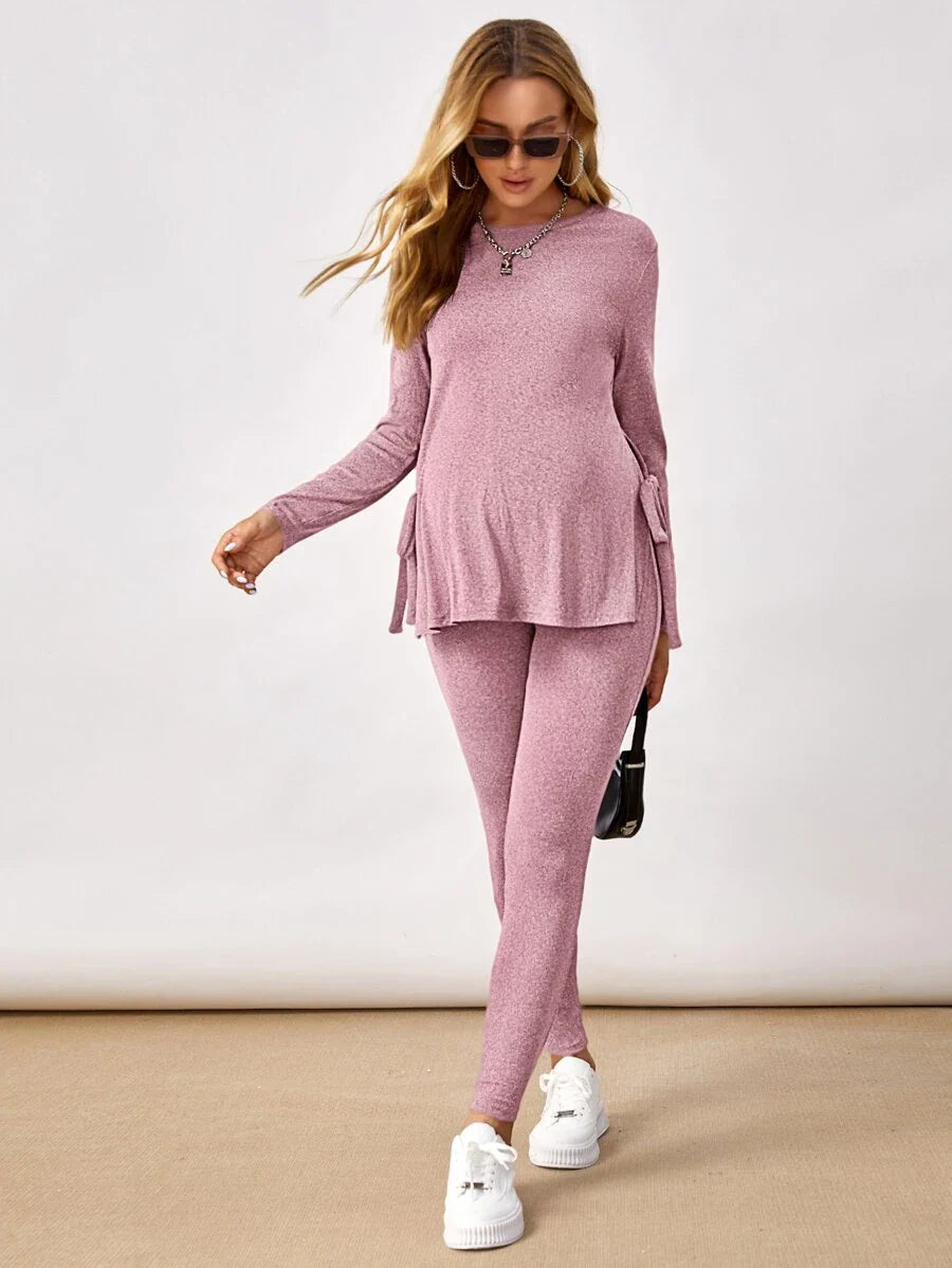 Maternity Grey Long Sleeve Tee and Knot Side Leggings Set - Casual Round Neck Two Piece Lounge Outfit for Spring and Fall