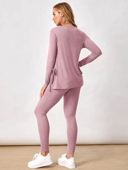 Maternity Grey Long Sleeve Tee and Knot Side Leggings Set - Casual Round Neck Two Piece Lounge Outfit for Spring and Fall