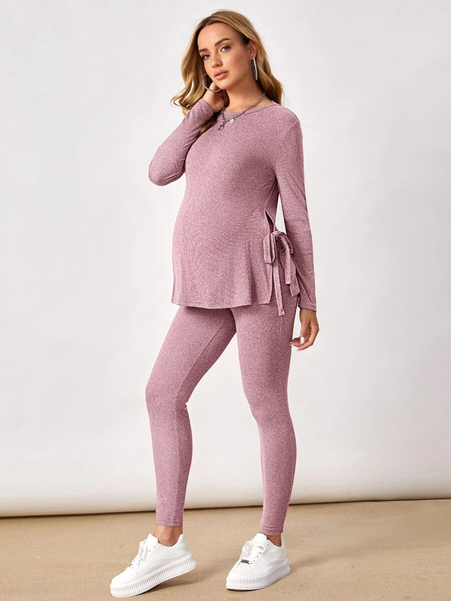 Maternity Grey Long Sleeve Tee and Knot Side Leggings Set - Casual Round Neck Two Piece Lounge Outfit for Spring and Fall