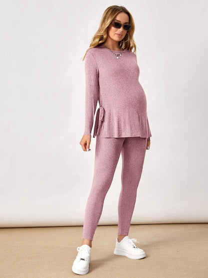 Maternity Grey Long Sleeve Tee and Knot Side Leggings Set - Casual Round Neck Two Piece Lounge Outfit for Spring and Fall