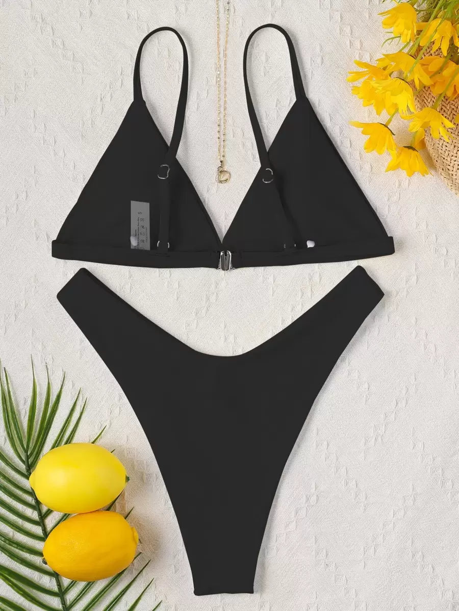 Women's 2-Piece V-Neck Bikini Set - Triangle Bra, High Cut, High Waist, Black