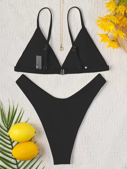 Women's 2-Piece V-Neck Bikini Set - Triangle Bra, High Cut, High Waist, Black