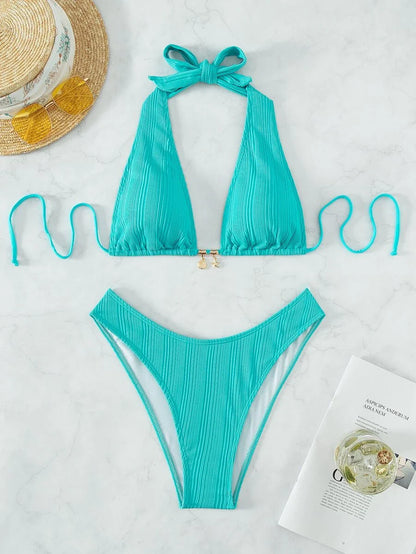 Swim Vcay Swim Suits For Women Summer Beach Chain Linked Halter Triangle Bikini Set