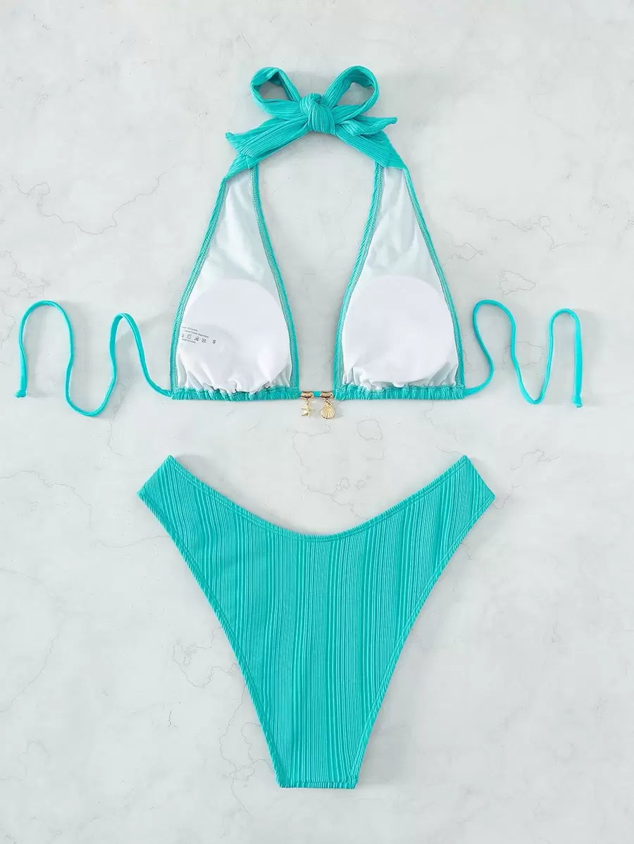 Swim Vcay Swim Suits For Women Summer Beach Chain Linked Halter Triangle Bikini Set