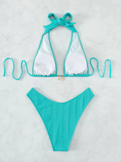 Swim Vcay Swim Suits For Women Summer Beach Chain Linked Halter Triangle Bikini Set