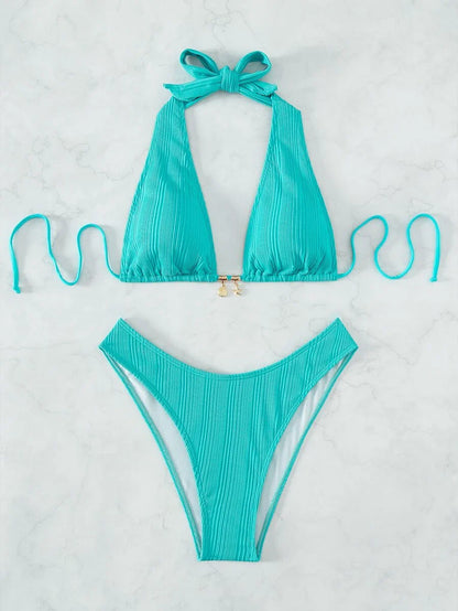Swim Vcay Swim Suits For Women Summer Beach Chain Linked Halter Triangle Bikini Set