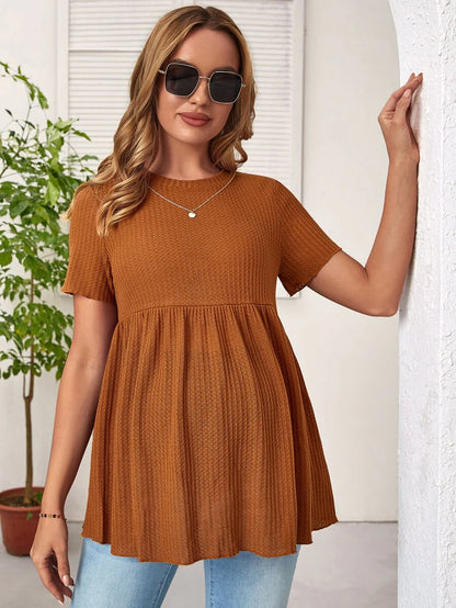 Army Green Maternity Waffle Knit Peplum Tee Short Sleeve Round Neck Ruffle Hem Maternity Top for Daily Wear Long Length Regular Fit