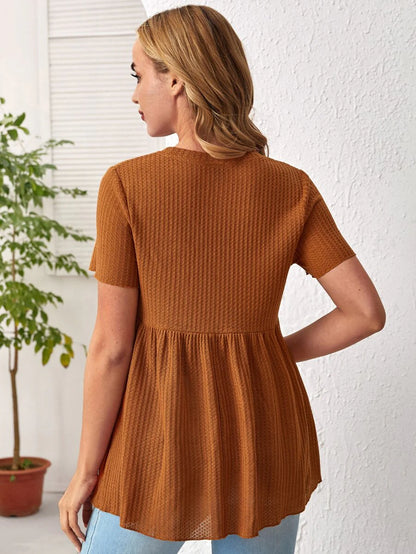 Army Green Maternity Waffle Knit Peplum Tee Short Sleeve Round Neck Ruffle Hem Maternity Top for Daily Wear Long Length Regular Fit
