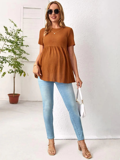 Army Green Maternity Waffle Knit Peplum Tee Short Sleeve Round Neck Ruffle Hem Maternity Top for Daily Wear Long Length Regular Fit