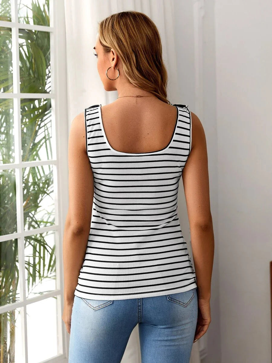 Maternity Striped Nursing Tank Top with Button Front Scoop Neck Knitted Slim Fit Casual White Sleeveless Maternity Shirt for Summer