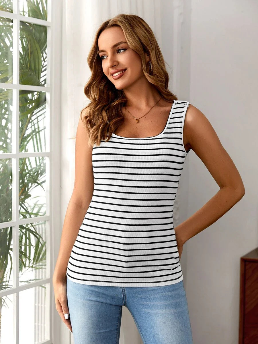 Maternity Striped Nursing Tank Top with Button Front Scoop Neck Knitted Slim Fit Casual White Sleeveless Maternity Shirt for Summer