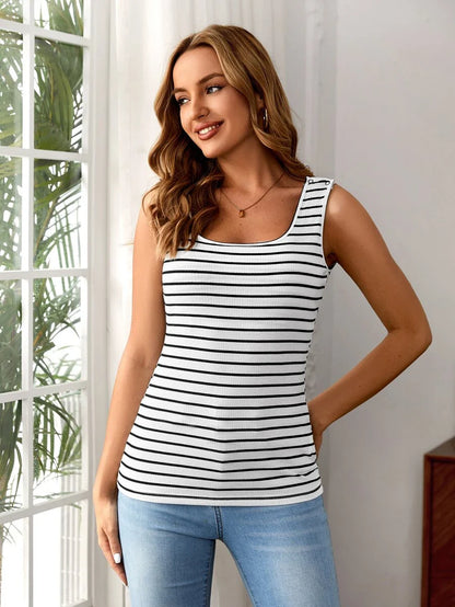 Maternity Striped Nursing Tank Top with Button Front Scoop Neck Knitted Slim Fit Casual White Sleeveless Maternity Shirt for Summer