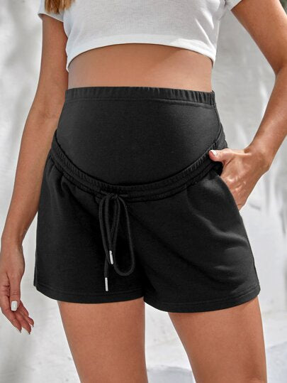 Maternity Shorts - Drawstring Waist, Straight Leg, Regular Fit, Natural Waist, Black