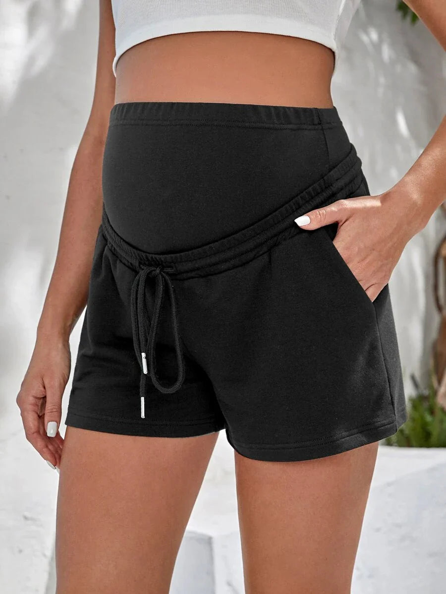 Maternity Drawstring Elastic Waist Track Shorts - Light Grey Casual Mid Rise Knit Lounge Shorts with Slant Pockets