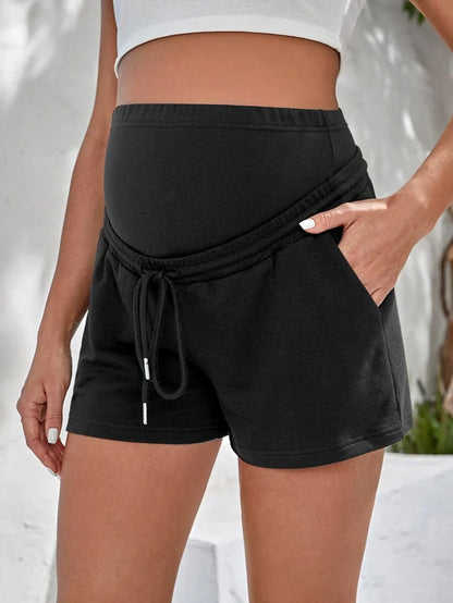 Maternity Shorts - Drawstring Waist, Straight Leg, Regular Fit, Natural Waist, Black