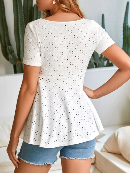 Black Eyelet Embroidery Button Front Peplum Tee - Slim Fit Short Sleeve Ruffle Hem Scoop Neck Maternity Top