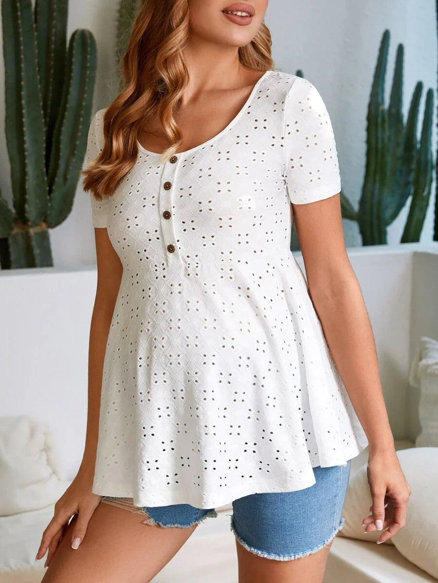 Black Eyelet Embroidery Button Front Peplum Tee - Slim Fit Short Sleeve Ruffle Hem Scoop Neck Maternity Top