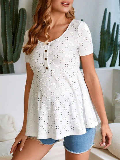 Black Eyelet Embroidery Button Front Peplum Tee - Slim Fit Short Sleeve Ruffle Hem Scoop Neck Maternity Top