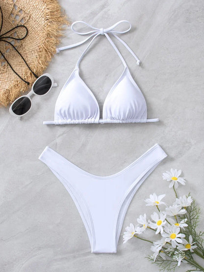 Women's Halter Triangle Bikini Set - Backless, High Waist, High Cut, Black