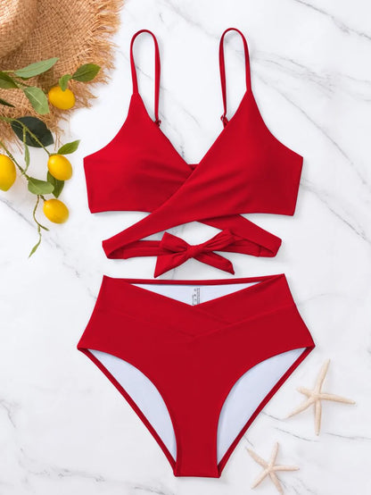 Women's Minimalist Solid Bikini Set - Halter, Criss Cross, High Waist, Red
