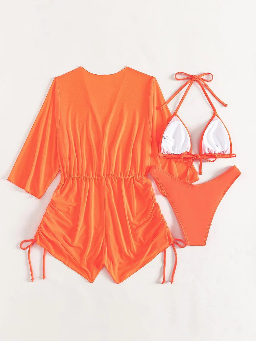 Swim Lushoire Women's Summer New Solid Color 3 Pieces Set Halter Bikini Low-Waist Triangle Panty Mesh Romper