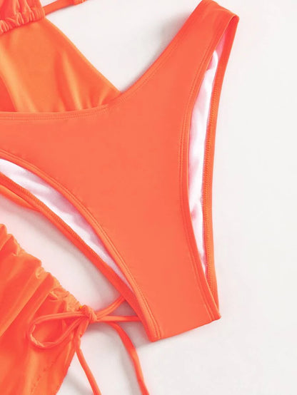 Swim Lushoire Women's Summer New Solid Color 3 Pieces Set Halter Bikini Low-Waist Triangle Panty Mesh Romper
