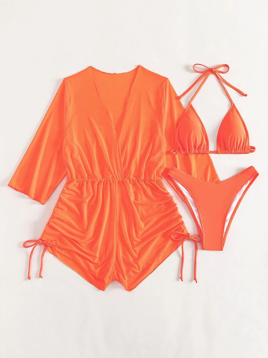 Swim Vcay Swim Suits For Women Summer Beach Sheer Mesh Bikini Set Halter Triangle Bra & Thong Bottom & Cover Up Dress 3 Piece Bathing Suit