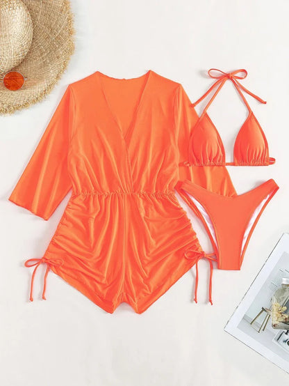 Swim Lushoire Women's Summer New Solid Color 3 Pieces Set Halter Bikini Low-Waist Triangle Panty Mesh Romper