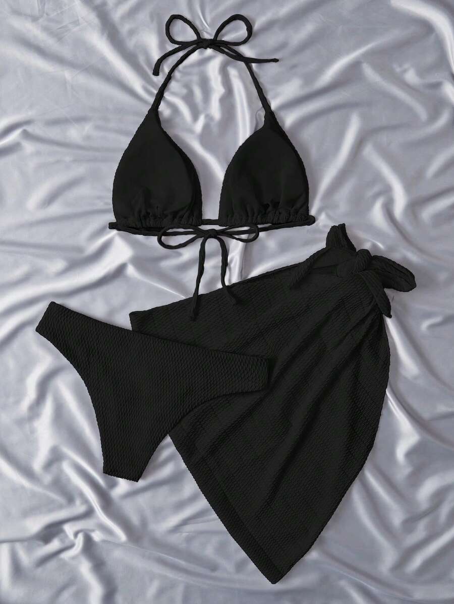 Swim Vcay Summer Beach Plain Halter Triangle Bikini Set With Beach Skirt