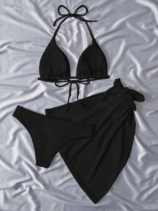 Swim Vcay Summer Beach Plain Halter Triangle Bikini Set With Beach Skirt