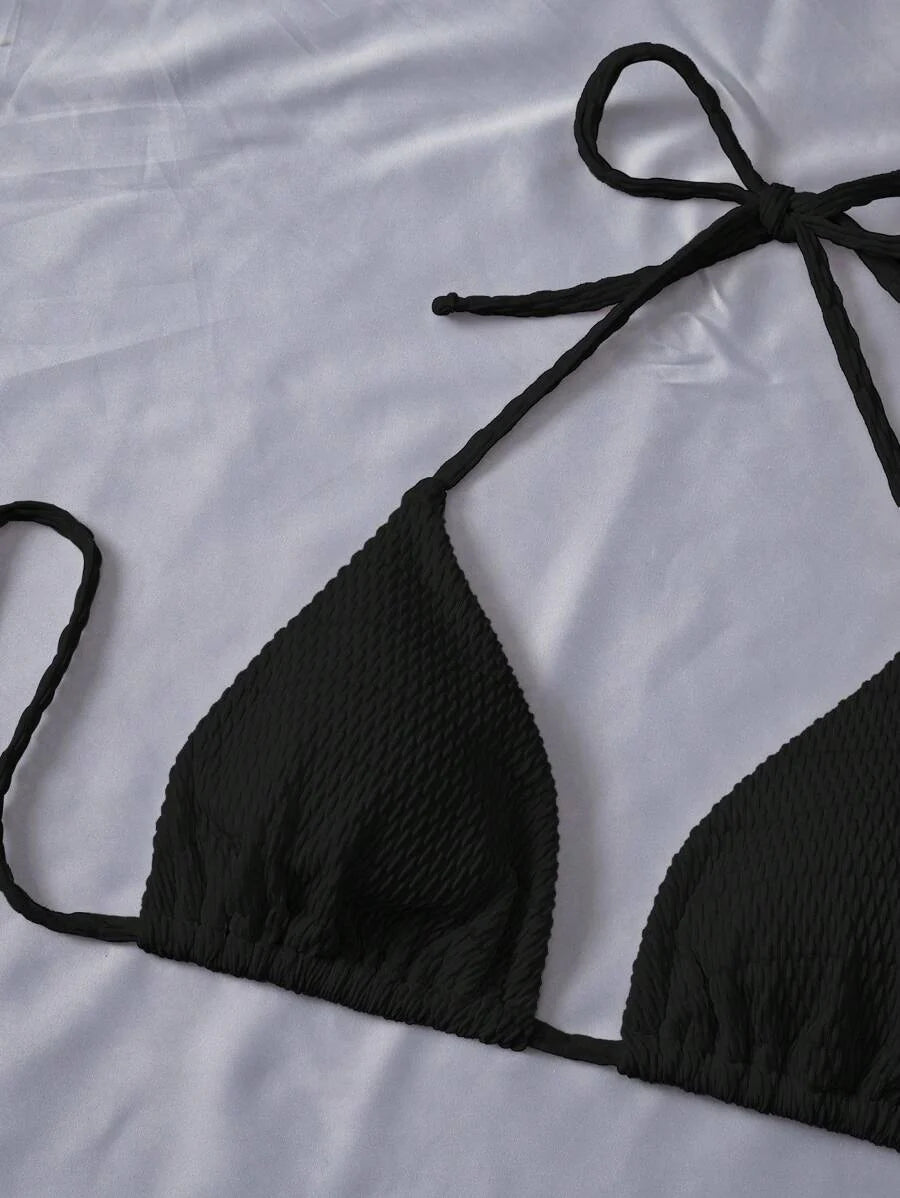 Swim Vcay Summer Beach Plain Halter Triangle Bikini Set With Beach Skirt