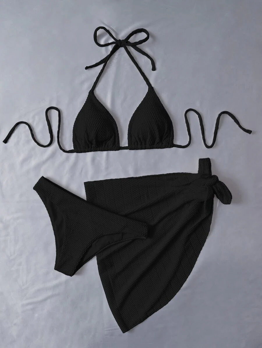 Swim Vcay Summer Beach Plain Halter Triangle Bikini Set With Beach Skirt